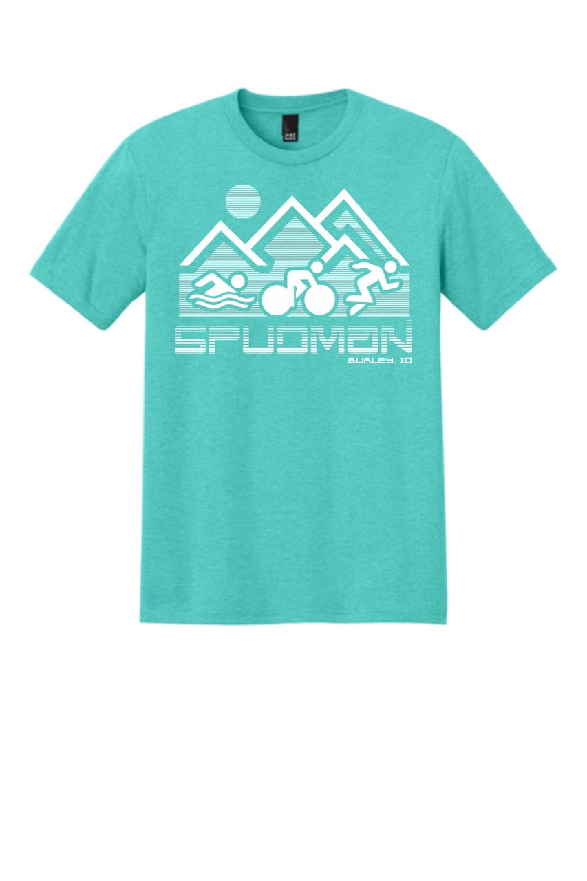 Spudman Triathlon Shirt - Mountains Design - Aqua Heather